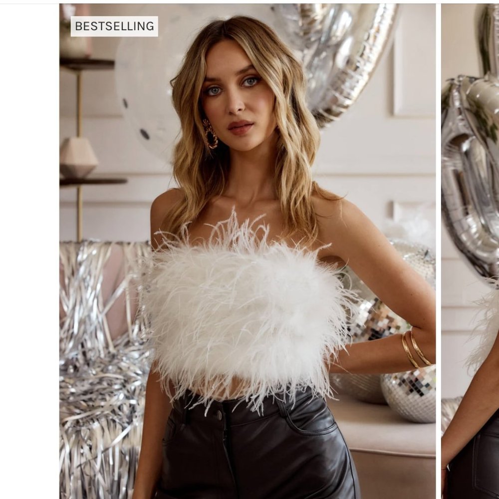 NWT 12th Tribe Chanel White Faux Feather Top - Small